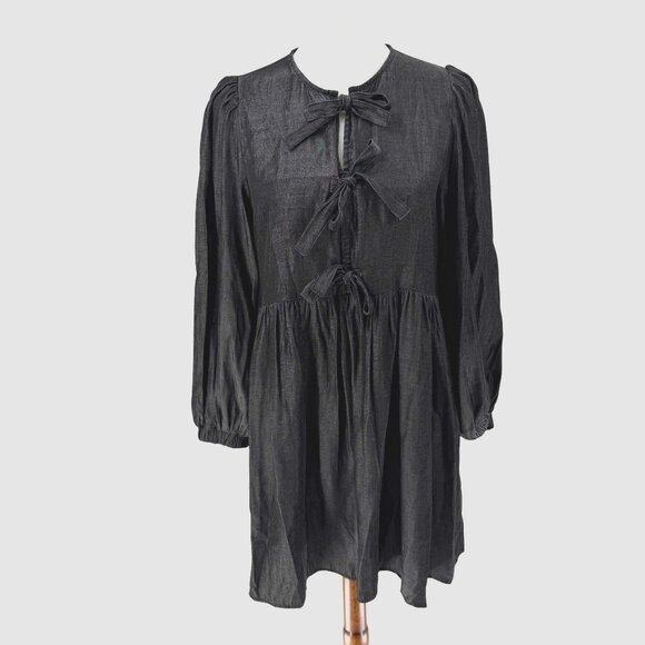 Cloud Ten S Metallic Black Bow Detail Long Sleeve Babydoll Dress - Picture 3 of 13